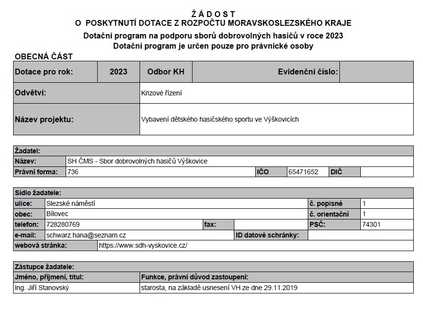 Dotace z rozpočtu Moravskoslezského kraje - program Podpora dobrovolných hasičů v roce 2023